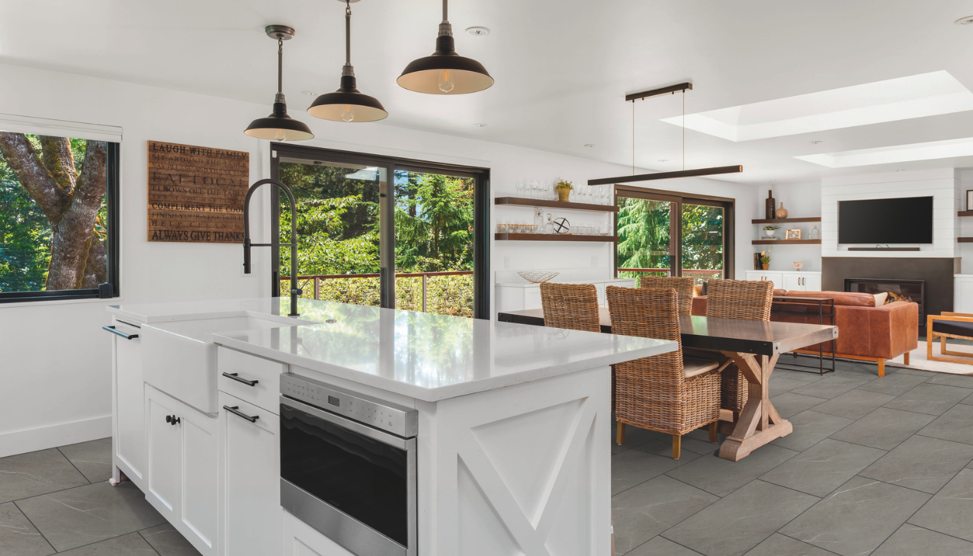 Gray tile look luxury vinyl tile in an open concept kitchen and living room